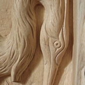 Detail of carved oak pediment by Gavin Smith